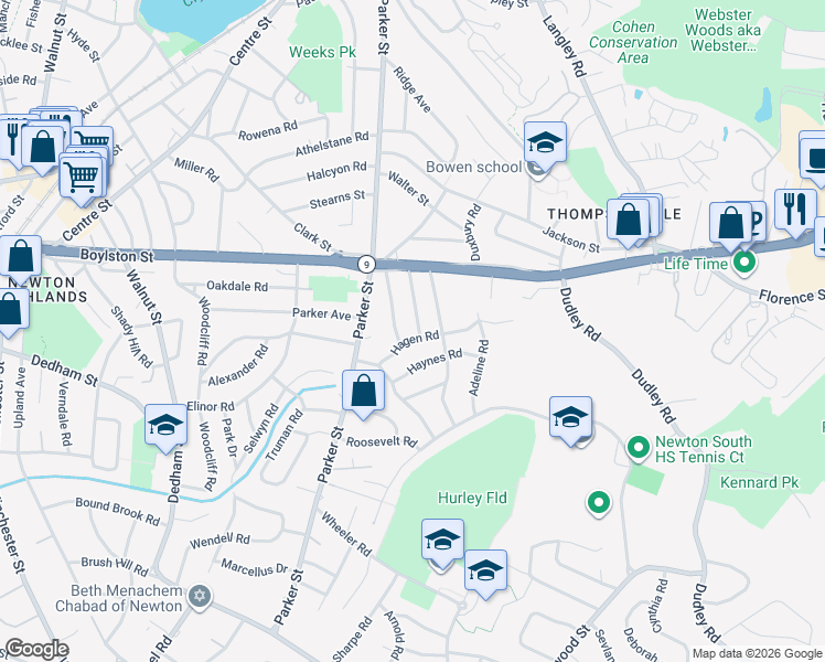 map of restaurants, bars, coffee shops, grocery stores, and more near 43 Hagen Road in Newton