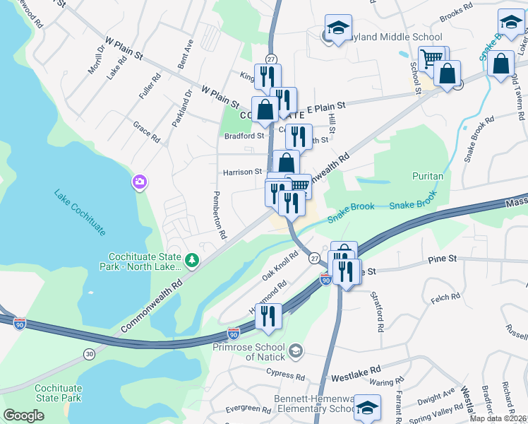 map of restaurants, bars, coffee shops, grocery stores, and more near 127 Commonwealth Road in Wayland