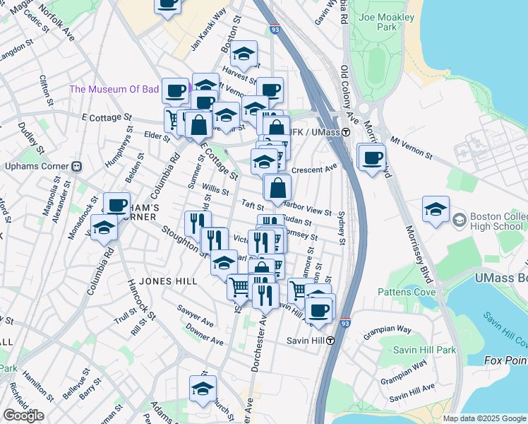 map of restaurants, bars, coffee shops, grocery stores, and more near 27 Mayfield Street in Boston