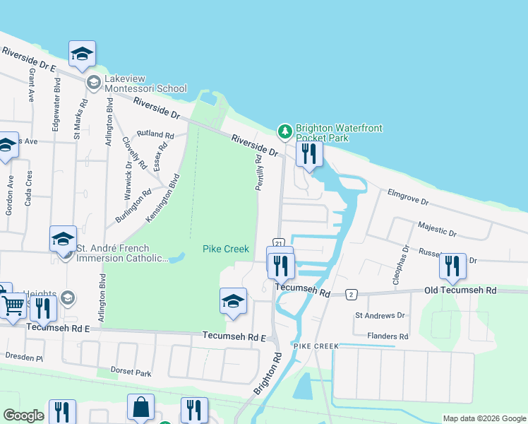 map of restaurants, bars, coffee shops, grocery stores, and more near 292 Pentilly Road in Tecumseh