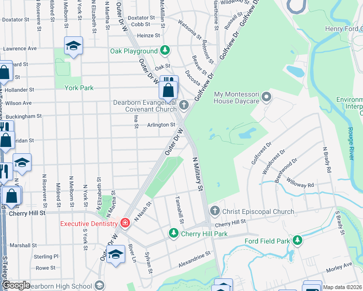 map of restaurants, bars, coffee shops, grocery stores, and more near 654 Kensington Street in Dearborn