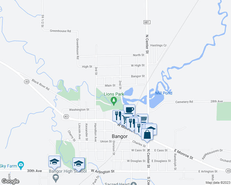 map of restaurants, bars, coffee shops, grocery stores, and more near 820 2nd Street in Bangor