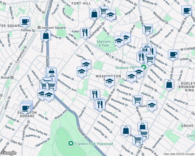 map of restaurants, bars, coffee shops, grocery stores, and more near 45 Holworthy Street in Boston