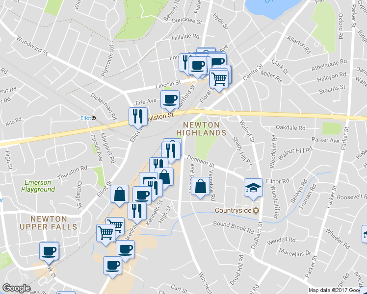 map of restaurants, bars, coffee shops, grocery stores, and more near 84 Winchester Street in Newton