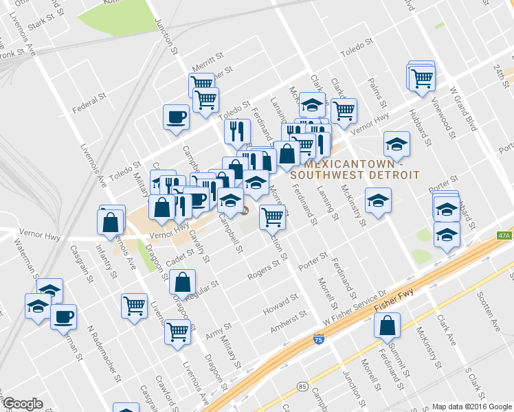 map of restaurants, bars, coffee shops, grocery stores, and more near 1711 Junction Avenue in Detroit