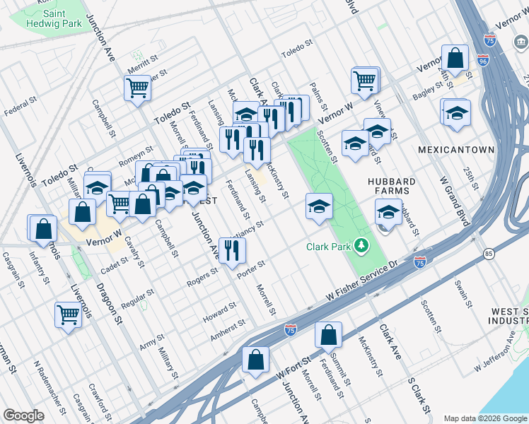 map of restaurants, bars, coffee shops, grocery stores, and more near 4723 Christiancy Street in Detroit