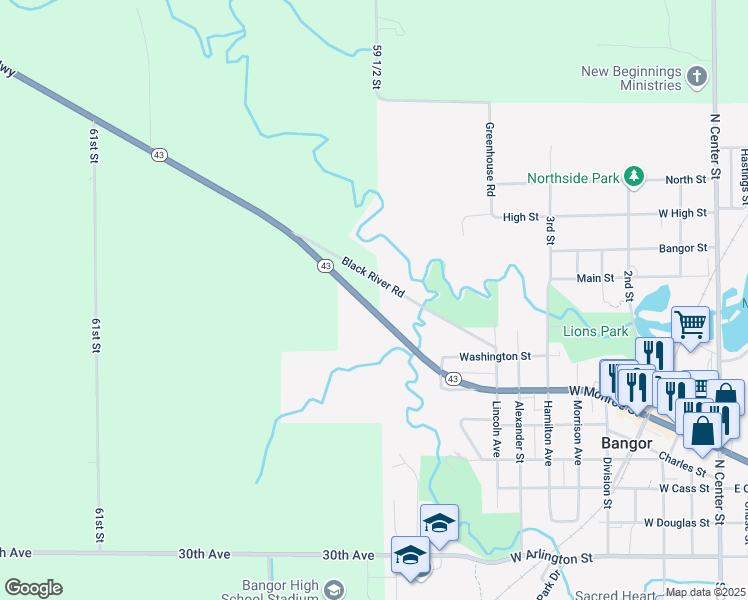 map of restaurants, bars, coffee shops, grocery stores, and more near 59536 Michigan 43 in Bangor