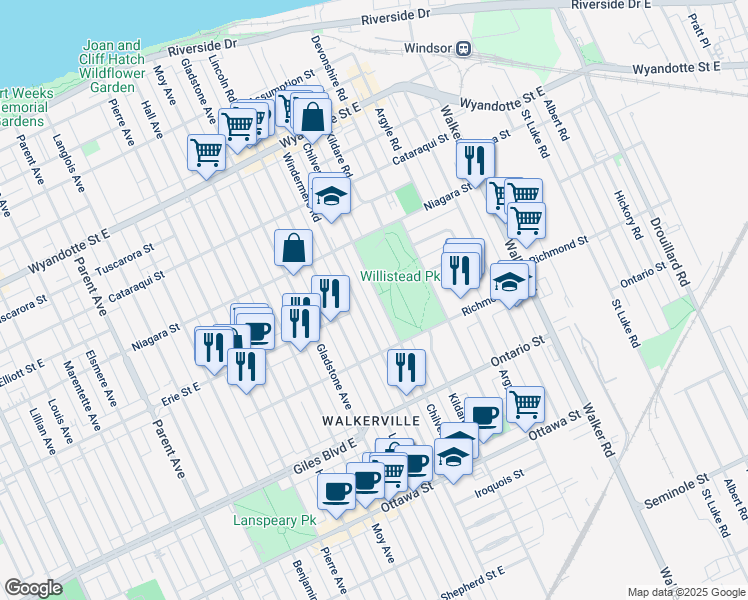 map of restaurants, bars, coffee shops, grocery stores, and more near 995 Chilver Road in Windsor