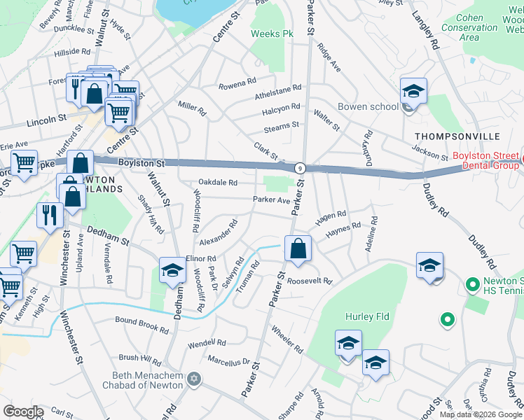 map of restaurants, bars, coffee shops, grocery stores, and more near 115 Elinor Road in Newton