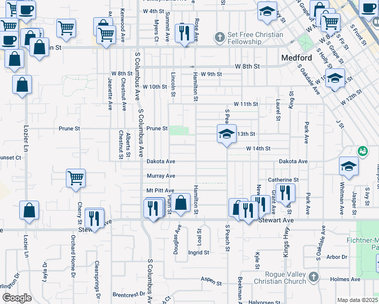 map of restaurants, bars, coffee shops, grocery stores, and more near 1119 Dakota Avenue in Medford