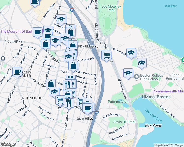 map of restaurants, bars, coffee shops, grocery stores, and more near 62-64 Sudan Street in Boston