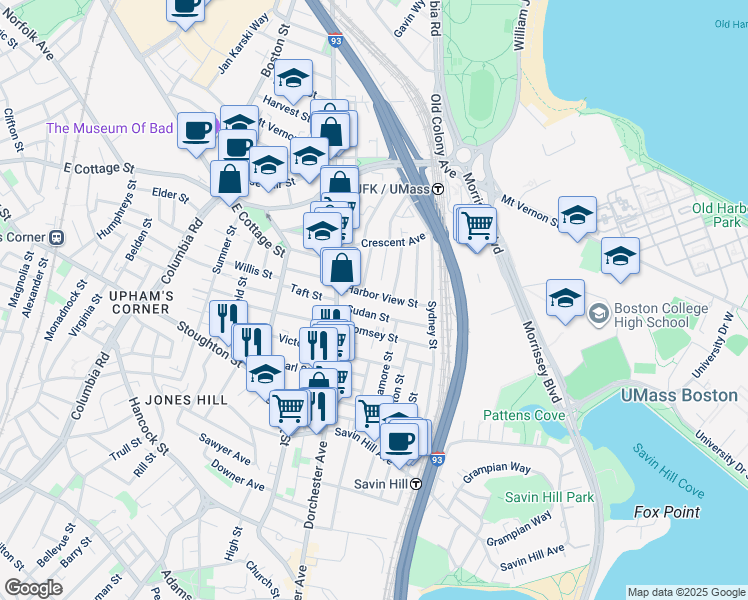 map of restaurants, bars, coffee shops, grocery stores, and more near 35 Sudan Street in Boston