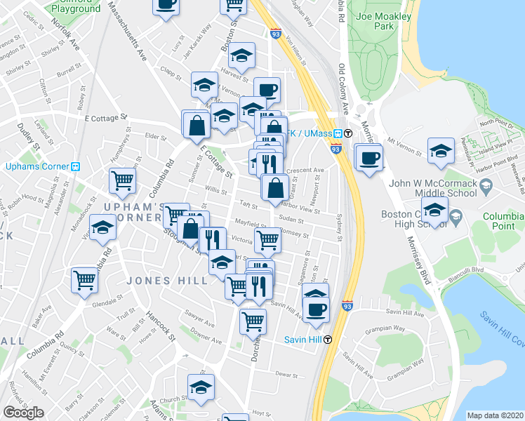 map of restaurants, bars, coffee shops, grocery stores, and more near 27 Mayfield Street in Boston