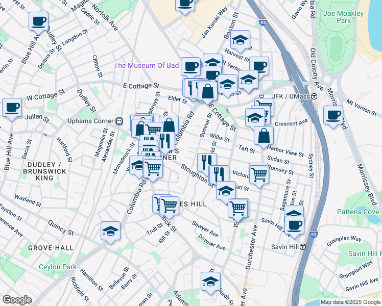 map of restaurants, bars, coffee shops, grocery stores, and more near 91 Sumner Street in Boston