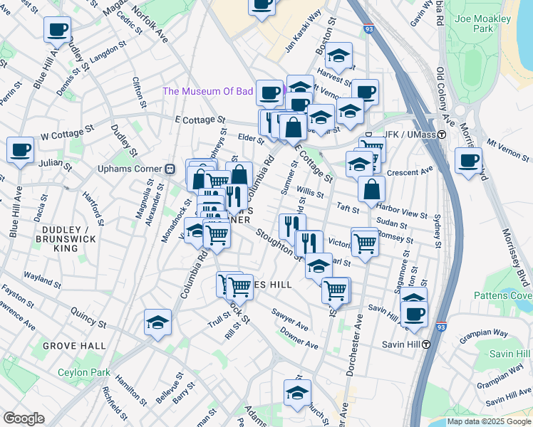 map of restaurants, bars, coffee shops, grocery stores, and more near 91 Sumner Street in Boston