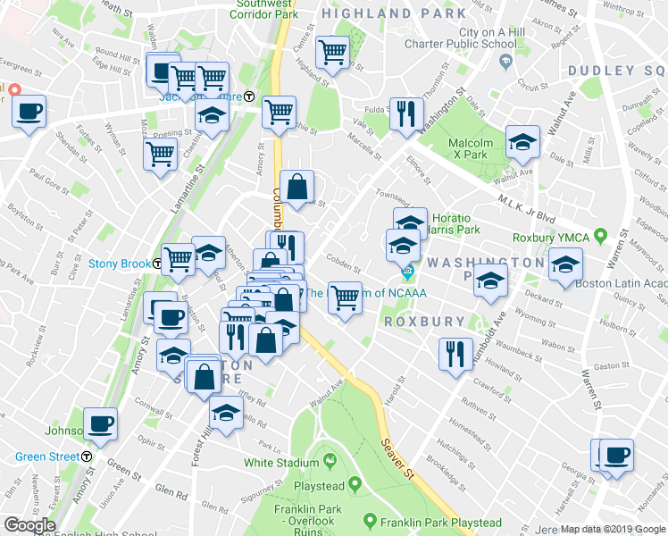 map of restaurants, bars, coffee shops, grocery stores, and more near 18 Westminster Avenue in Boston