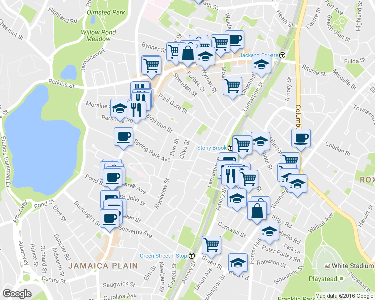 map of restaurants, bars, coffee shops, grocery stores, and more near 80 Spring Park Avenue in Boston