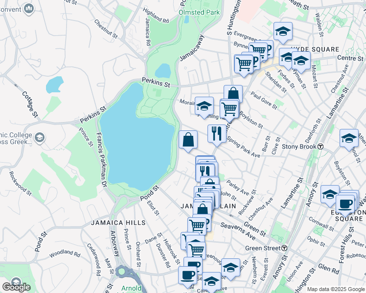 map of restaurants, bars, coffee shops, grocery stores, and more near 478 Jamaicaway in Boston