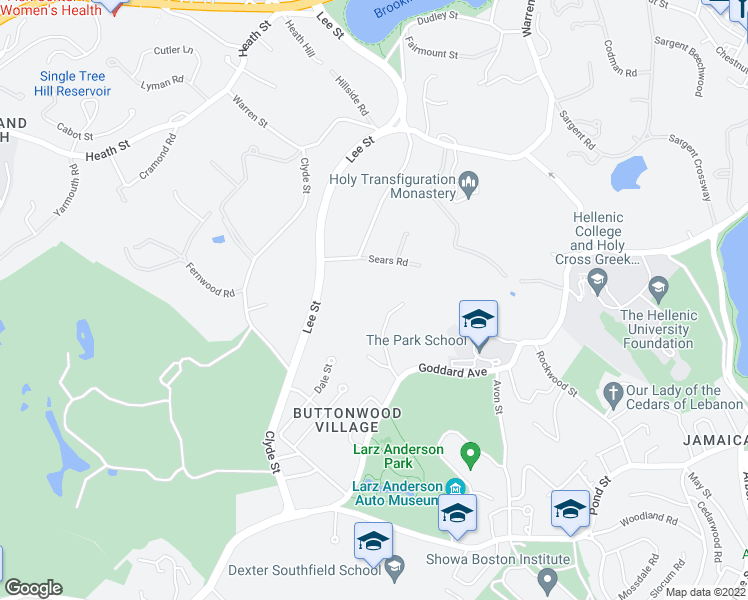 map of restaurants, bars, coffee shops, grocery stores, and more near 33 Sears Road in Brookline