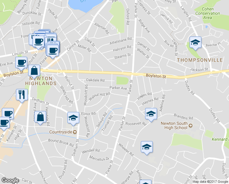 map of restaurants, bars, coffee shops, grocery stores, and more near 101 Elinor Road in Newton
