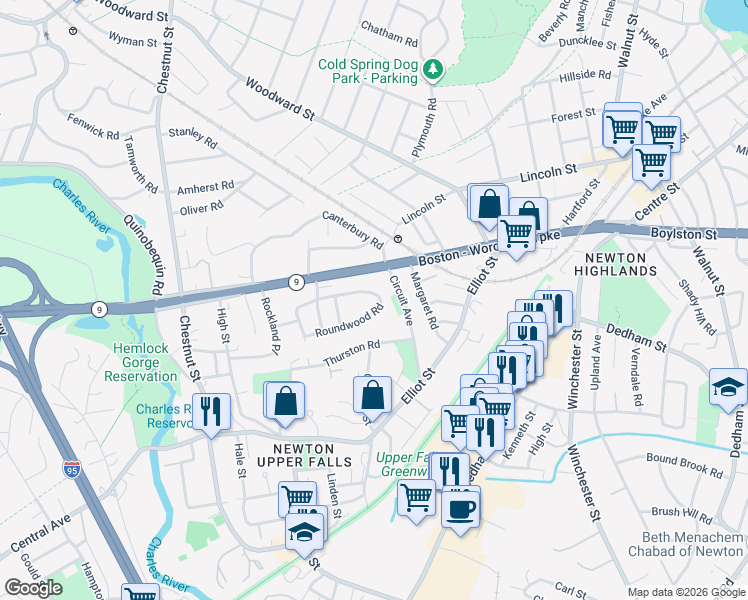 map of restaurants, bars, coffee shops, grocery stores, and more near 9 Thurston Road in Newton