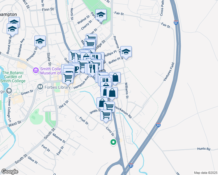 map of restaurants, bars, coffee shops, grocery stores, and more near 304 Pleasant Street in Northampton