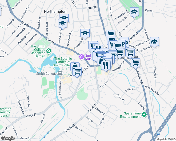 map of restaurants, bars, coffee shops, grocery stores, and more near 17 New South Street in Northampton