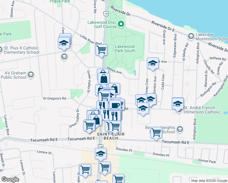map of restaurants, bars, coffee shops, grocery stores, and more near 362 Village Grove Drive in Tecumseh