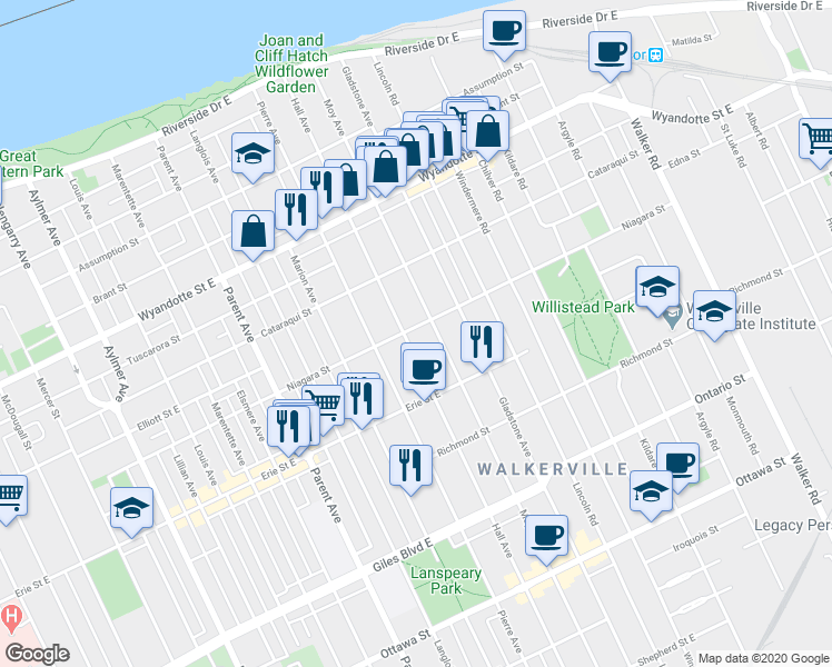 map of restaurants, bars, coffee shops, grocery stores, and more near in Windsor