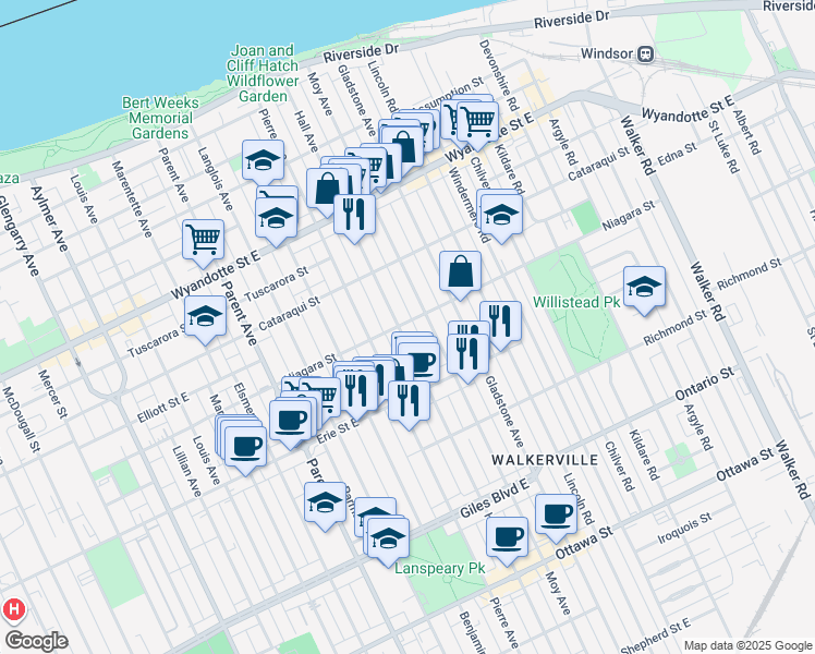 map of restaurants, bars, coffee shops, grocery stores, and more near in Windsor