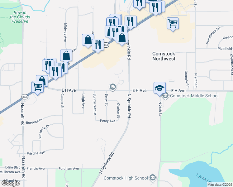 map of restaurants, bars, coffee shops, grocery stores, and more near 5461 Jill Avenue in Kalamazoo