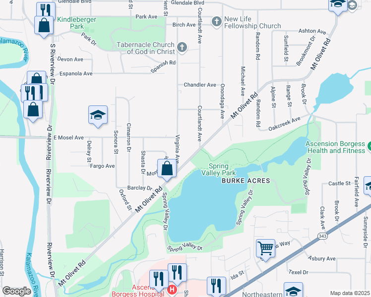 map of restaurants, bars, coffee shops, grocery stores, and more near 2515 Mount Olivet Road in Kalamazoo