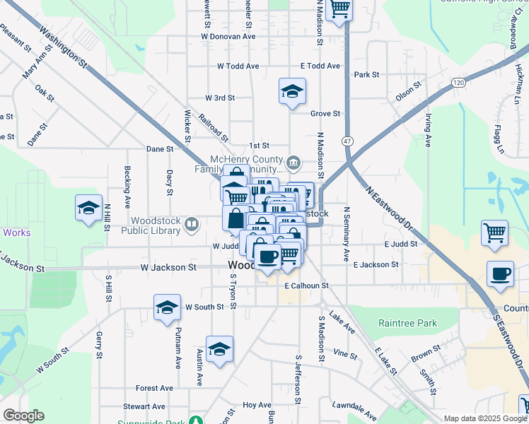 map of restaurants, bars, coffee shops, grocery stores, and more near in Woodstock
