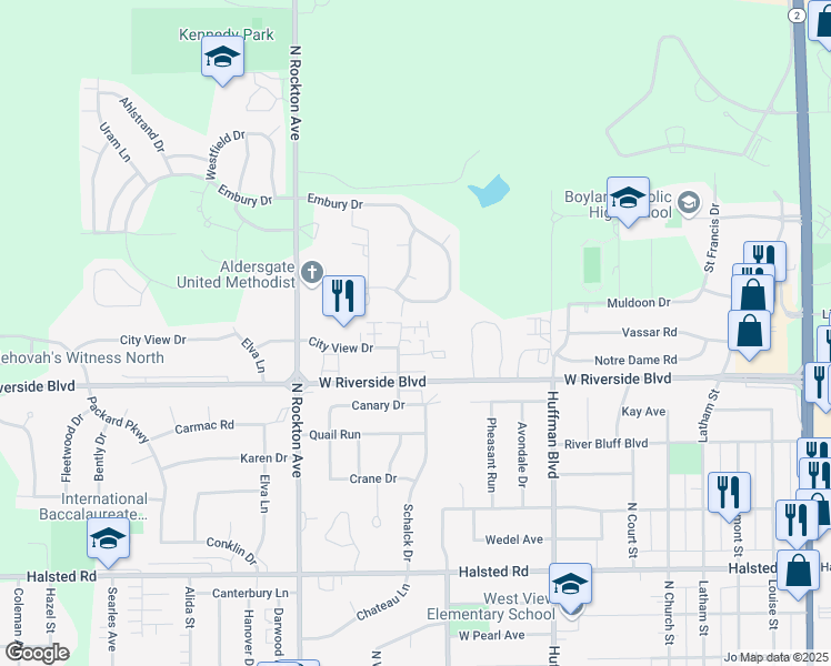 map of restaurants, bars, coffee shops, grocery stores, and more near 2762 City View Court in Rockford
