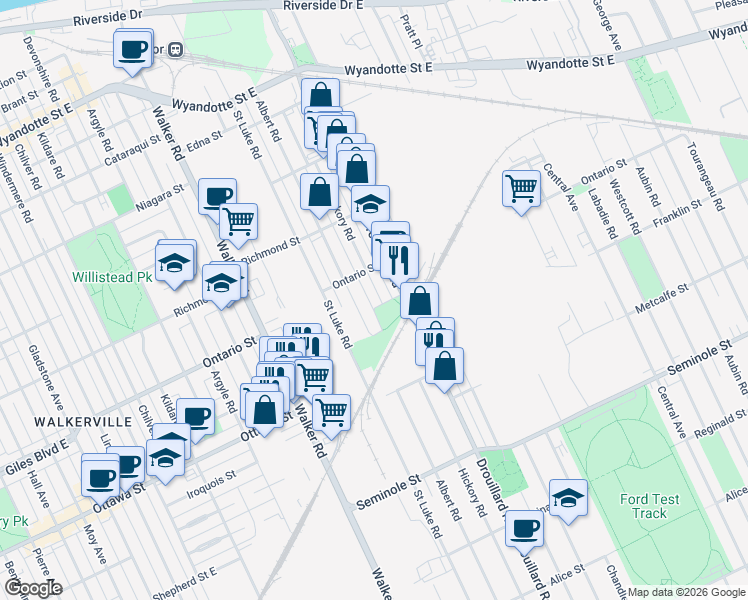 map of restaurants, bars, coffee shops, grocery stores, and more near 1235 Hickory Road in Windsor