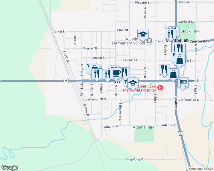 map of restaurants, bars, coffee shops, grocery stores, and more near 843 Washington Street in Montpelier