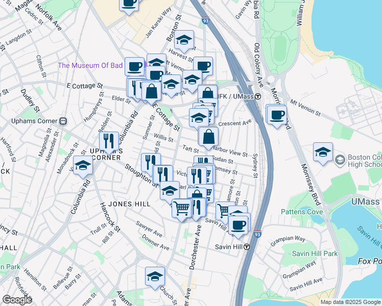 map of restaurants, bars, coffee shops, grocery stores, and more near 27 Mayfield Street in Boston