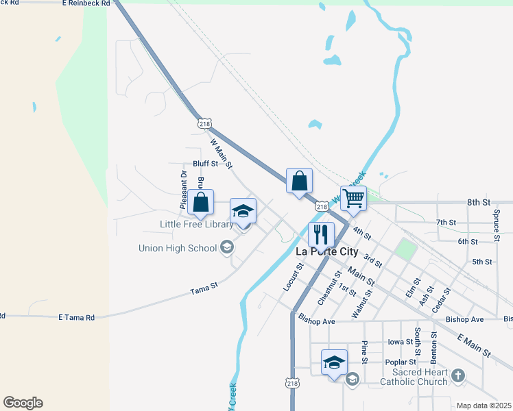 map of restaurants, bars, coffee shops, grocery stores, and more near 404 Oak Street in La Porte City