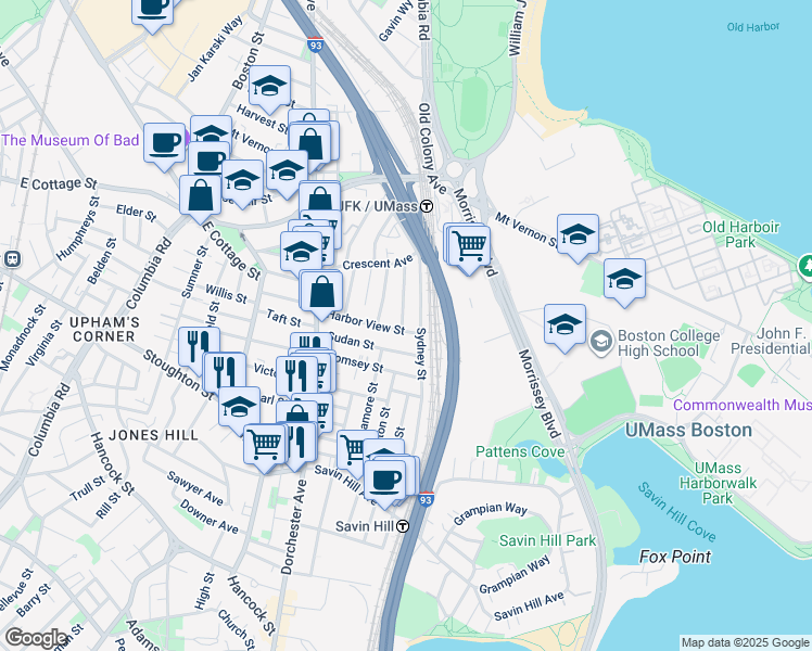 map of restaurants, bars, coffee shops, grocery stores, and more near 62-64 Sudan Street in Boston