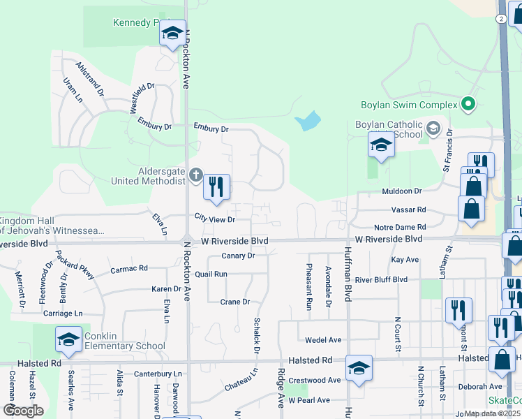 map of restaurants, bars, coffee shops, grocery stores, and more near 2762 City View Court in Rockford