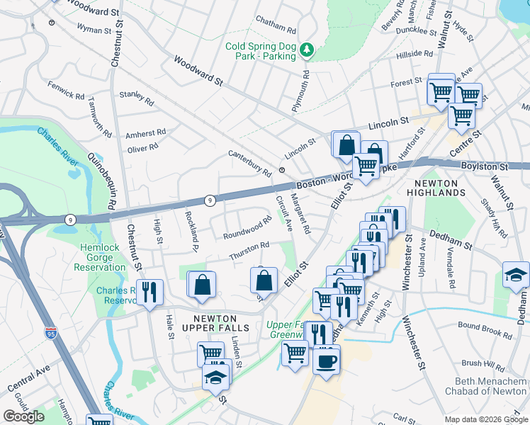 map of restaurants, bars, coffee shops, grocery stores, and more near 9 Thurston Road in Newton