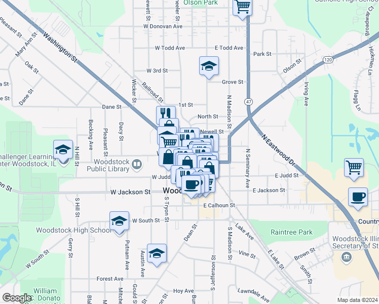 map of restaurants, bars, coffee shops, grocery stores, and more near in Woodstock