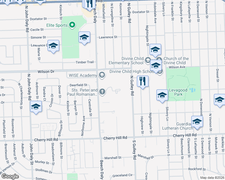 map of restaurants, bars, coffee shops, grocery stores, and more near 796 North Beech Daly Road in Dearborn Heights