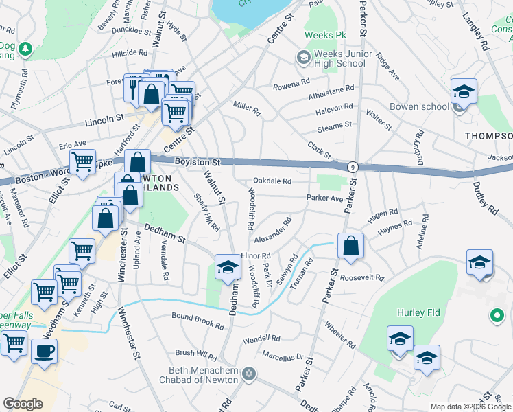 map of restaurants, bars, coffee shops, grocery stores, and more near 156 Woodcliff Road in Newton