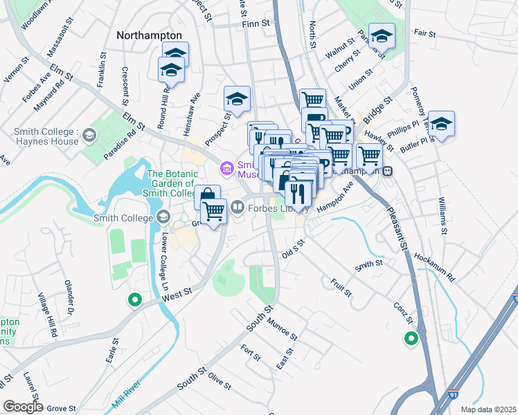 map of restaurants, bars, coffee shops, grocery stores, and more near 17 New South Street in Northampton