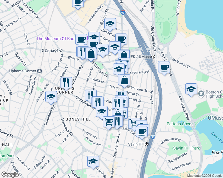 map of restaurants, bars, coffee shops, grocery stores, and more near 27 Mayfield Street in Boston