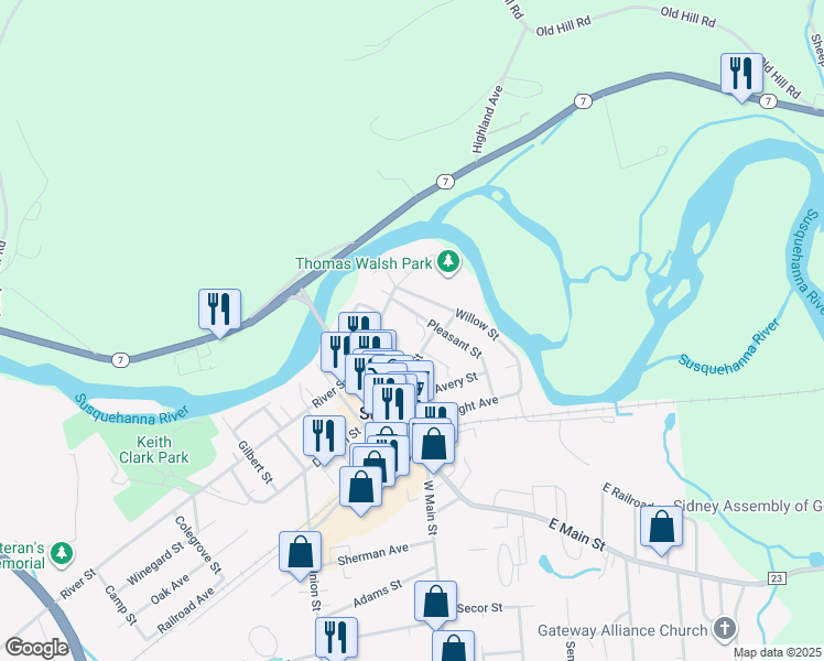 map of restaurants, bars, coffee shops, grocery stores, and more near 21 Liberty Street in Sidney