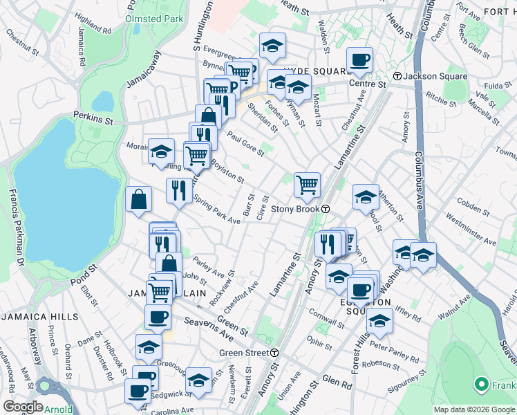 map of restaurants, bars, coffee shops, grocery stores, and more near 24 Burr Street in Boston
