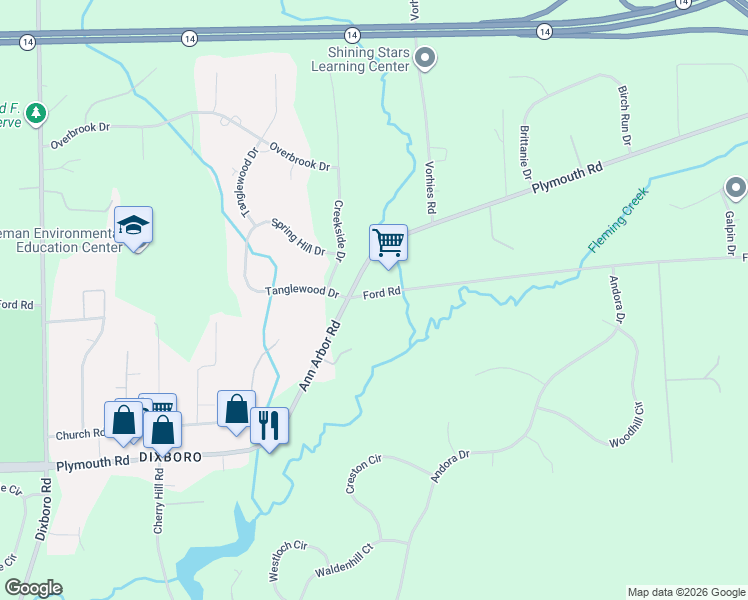 map of restaurants, bars, coffee shops, grocery stores, and more near 5860 Ford Road in Ann Arbor