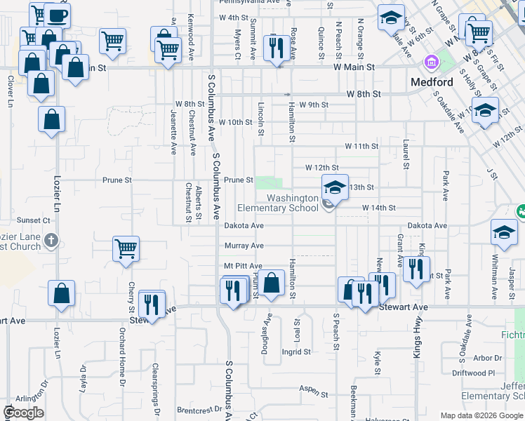 map of restaurants, bars, coffee shops, grocery stores, and more near 1229 Dakota Avenue in Medford